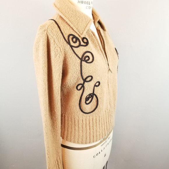 White + Warren Women's M Vintage Style Coffee w/ Swirls Wool Sweater w/ Zip - Picture 6 of 7